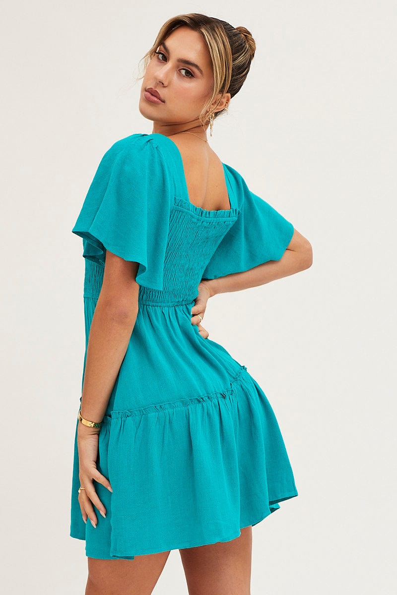 Green Shirred Bust Skater Dress - Image 4
