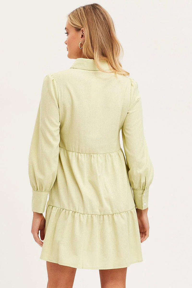 Green Shirt Dress Long Sleeve Button Front - Image 5