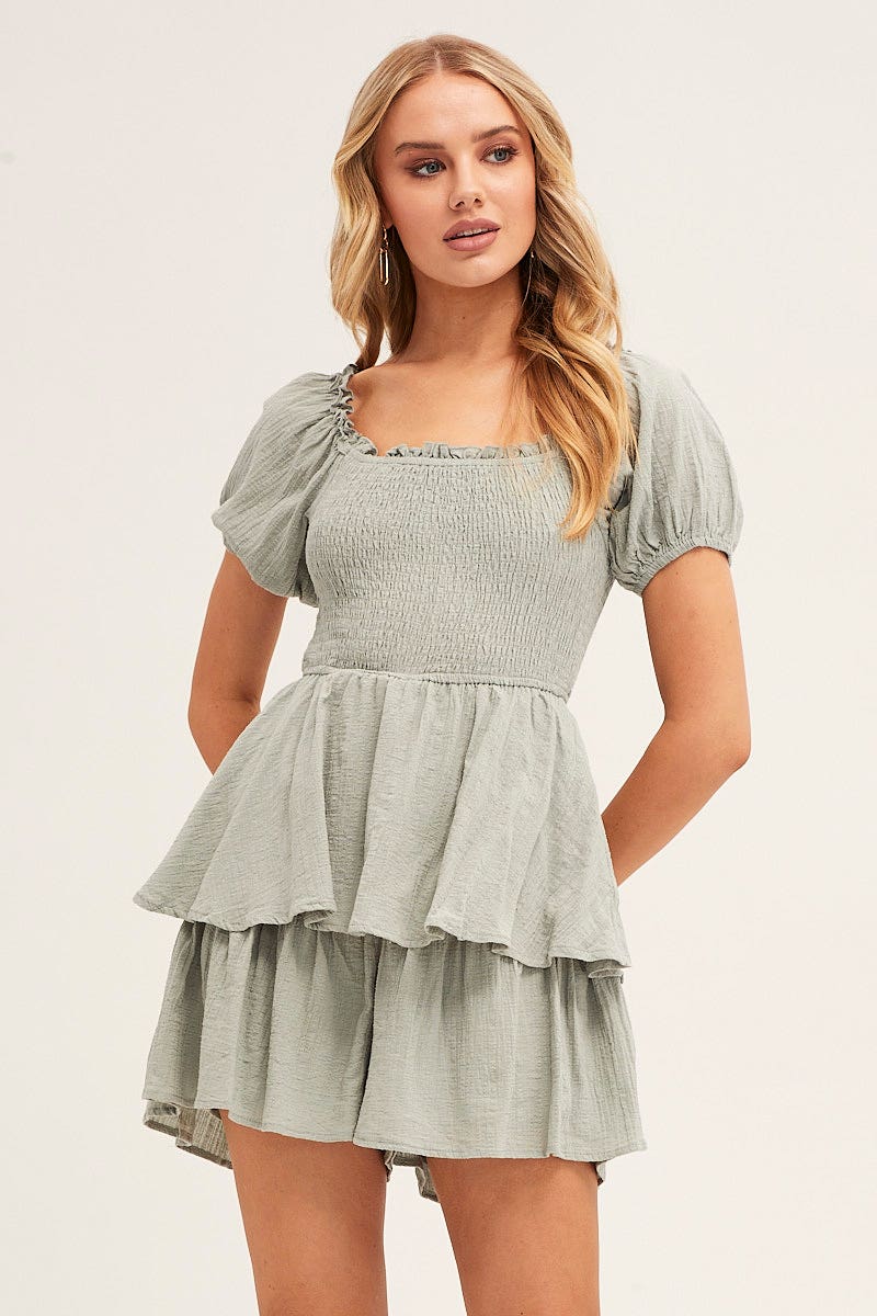Green Short Sleeve Textured Cotton Shirred Playsuit - Image 3