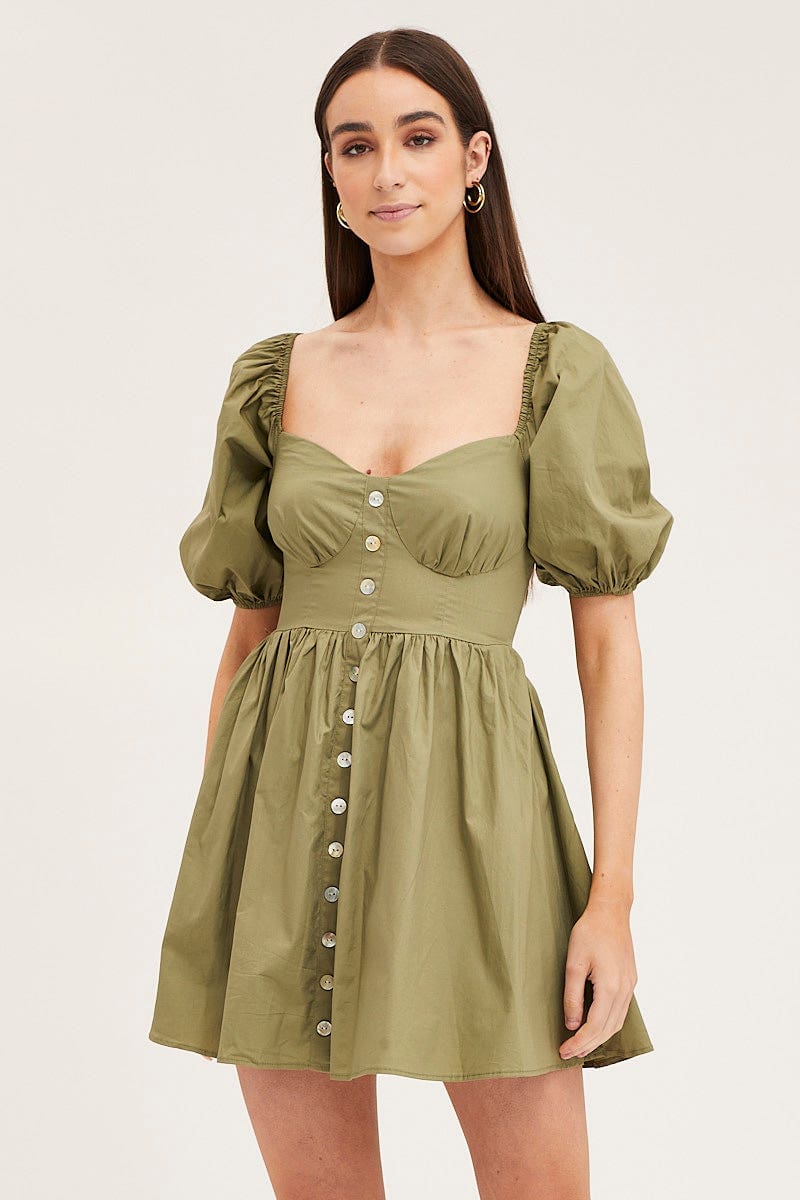 Green Skater Dress Puff Sleeve Mini Sweet Heart Neck - Image 2