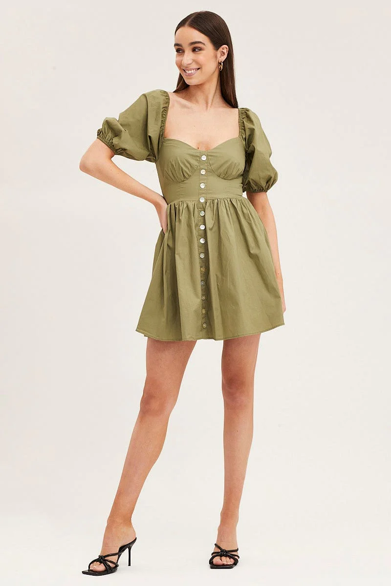 Green Skater Dress Puff Sleeve Mini Sweet Heart Neck - Image 3