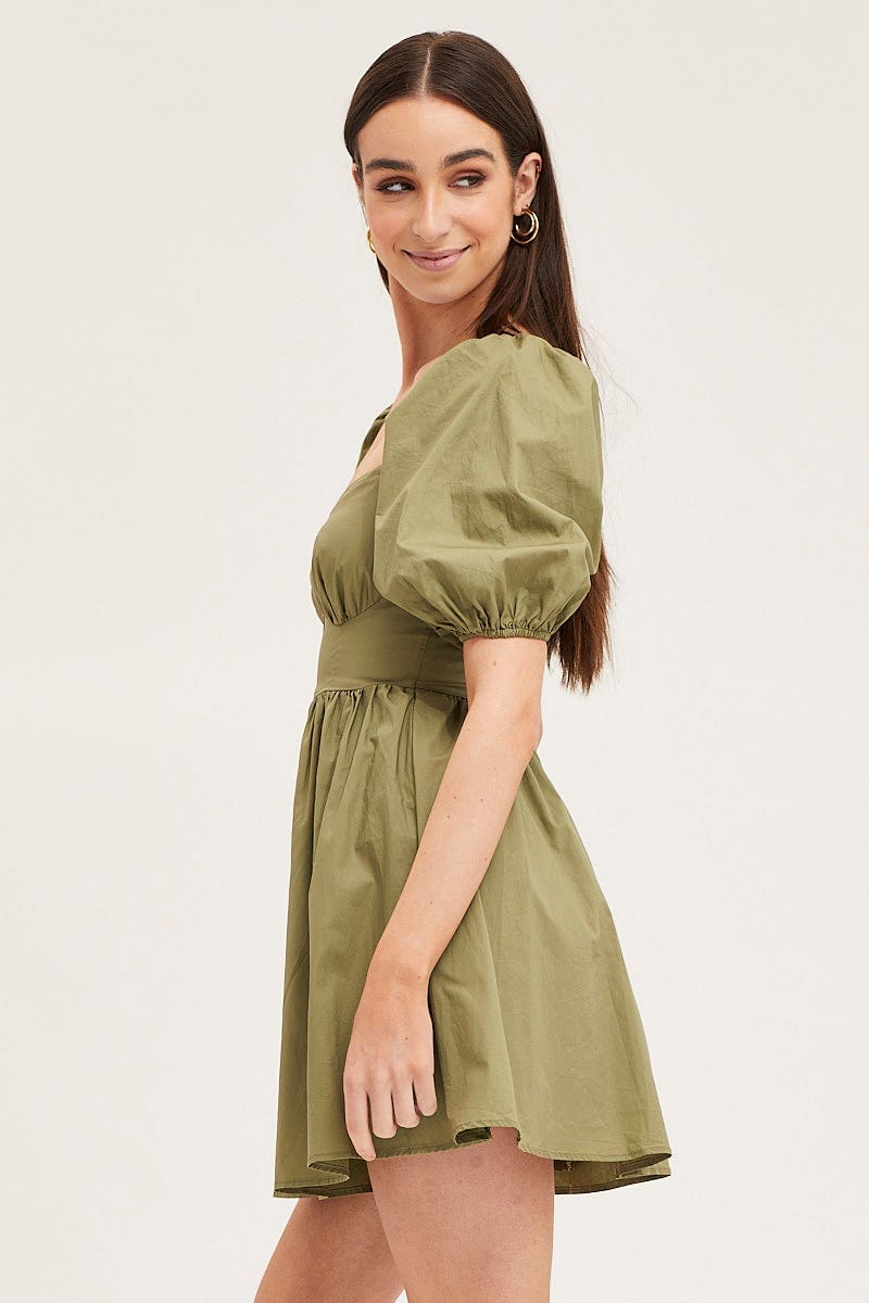 Green Skater Dress Puff Sleeve Mini Sweet Heart Neck - Image 4