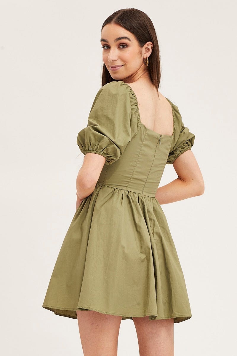 Green Skater Dress Puff Sleeve Mini Sweet Heart Neck - Image 5