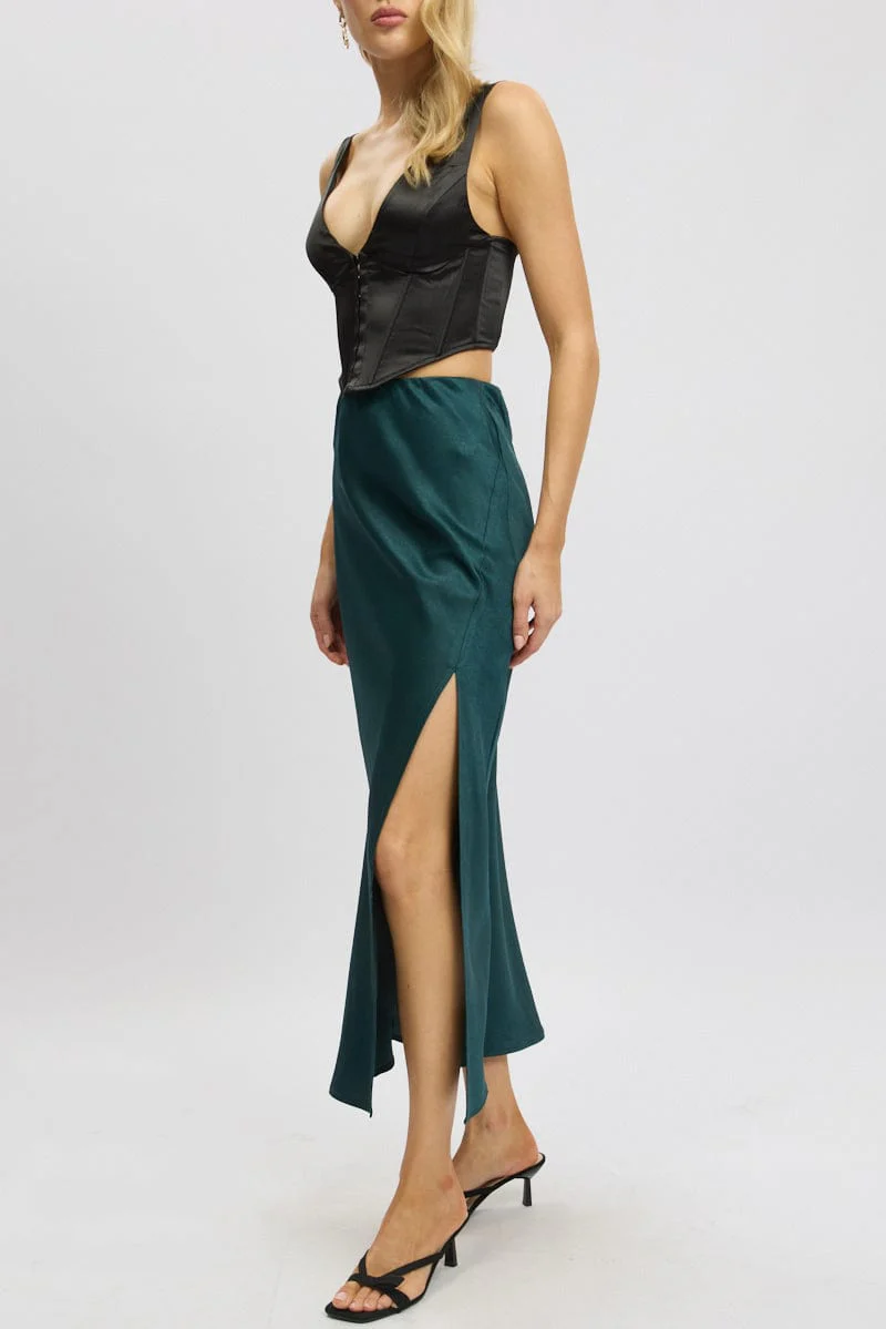 Green Slip Skirt High Waist Front Split Midaxi Satin