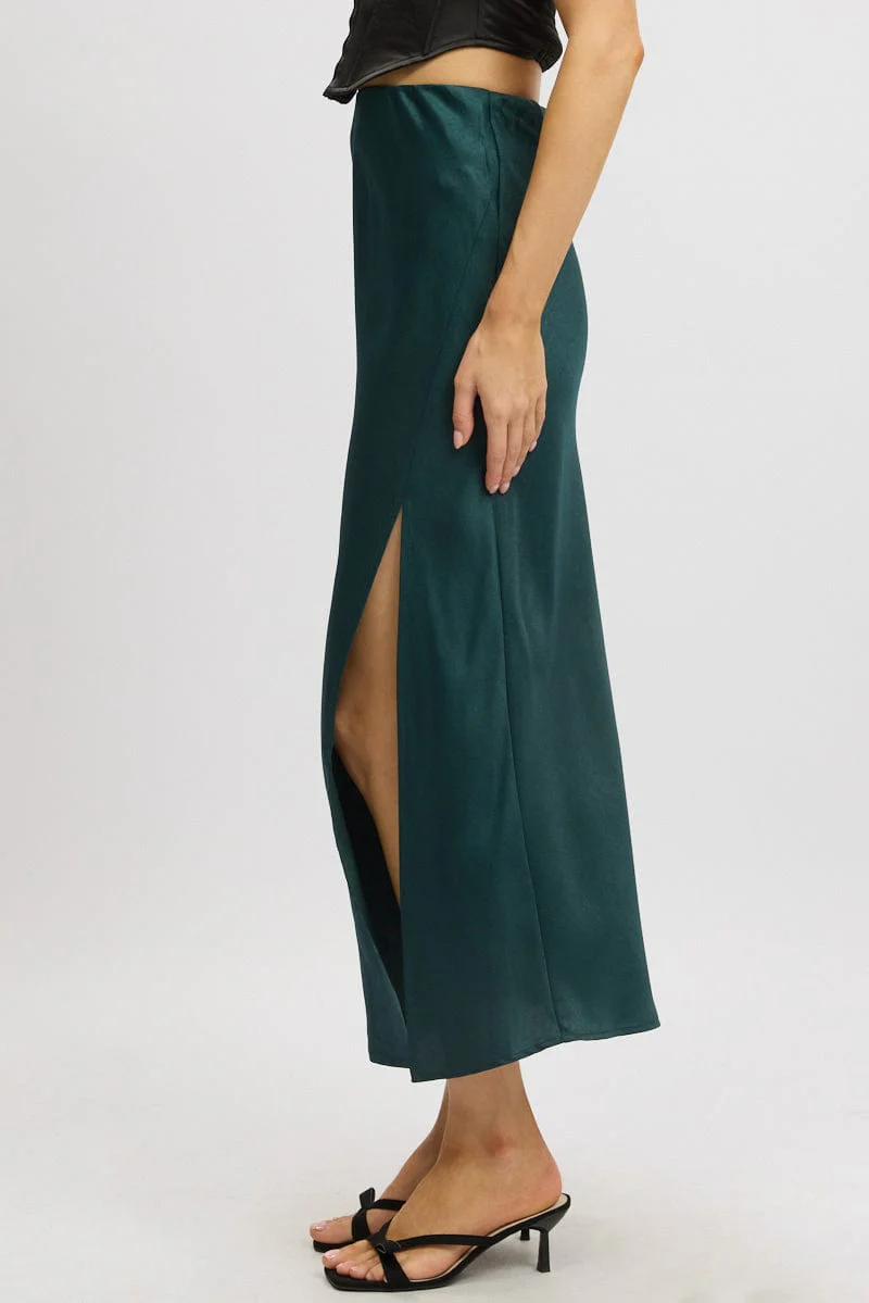 Green Slip Skirt High Waist Front Split Midaxi Satin - Image 4