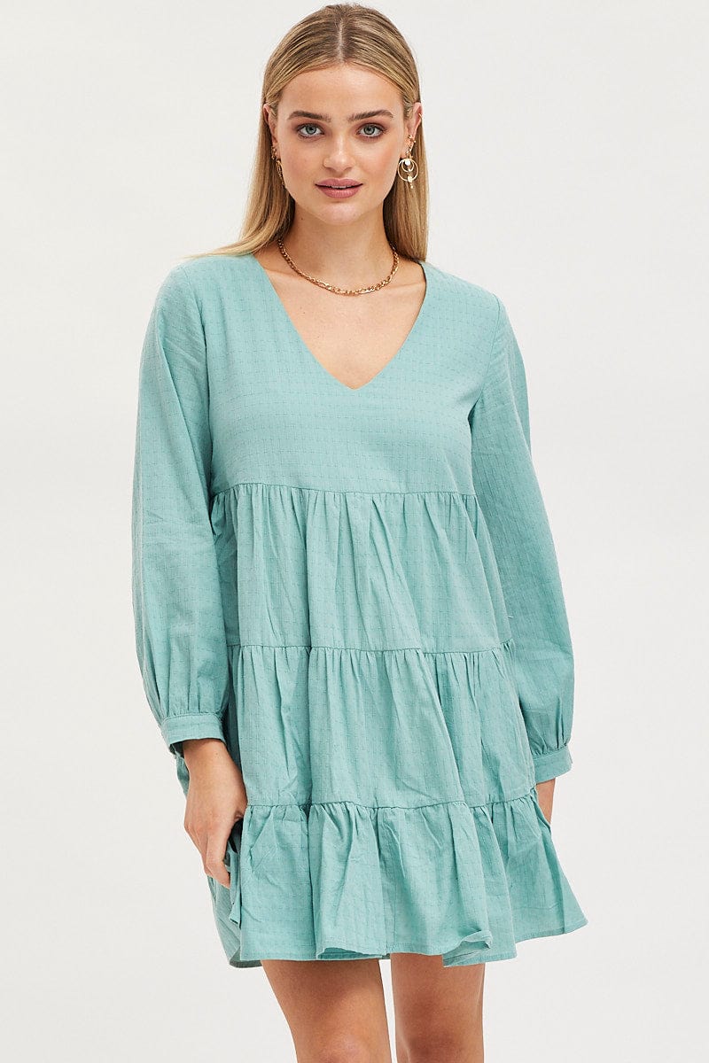Green Smock Dress Long Sleeve Mini - Image 3