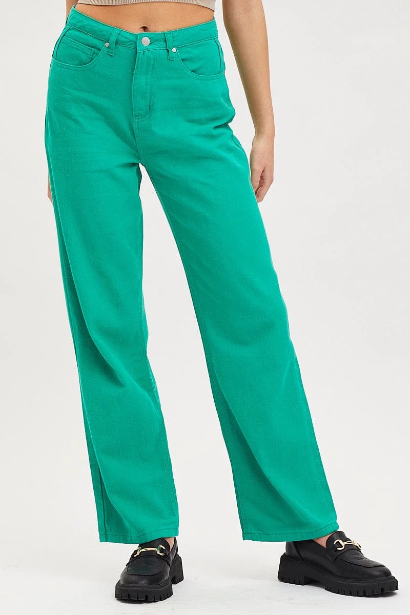 Green Straight Denim Jeans High Rise - Image 2