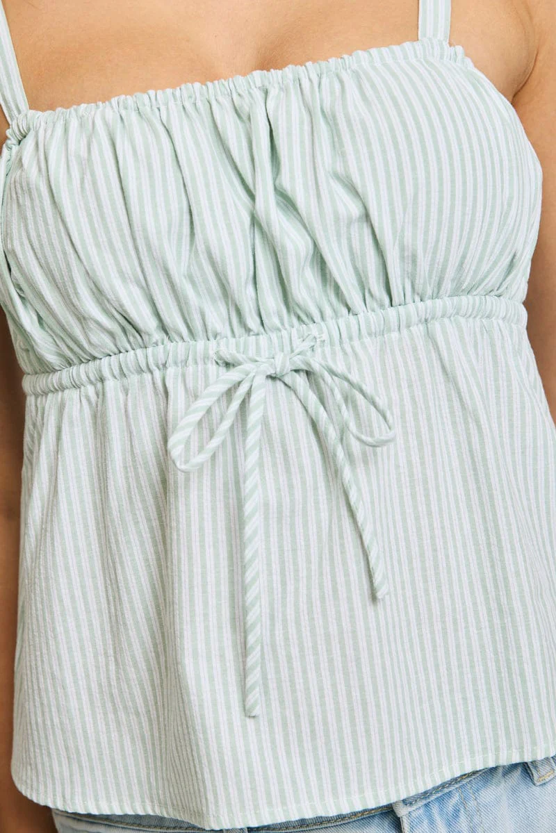 Green Stripe Cami Top Sleeveless Front Tie Babydoll - Image 5