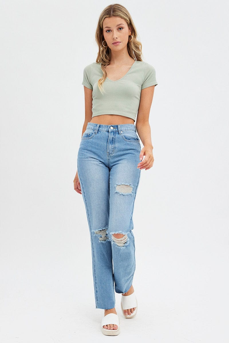 Green T Shirt Short Sleeve V Neck Seamless - Image 2