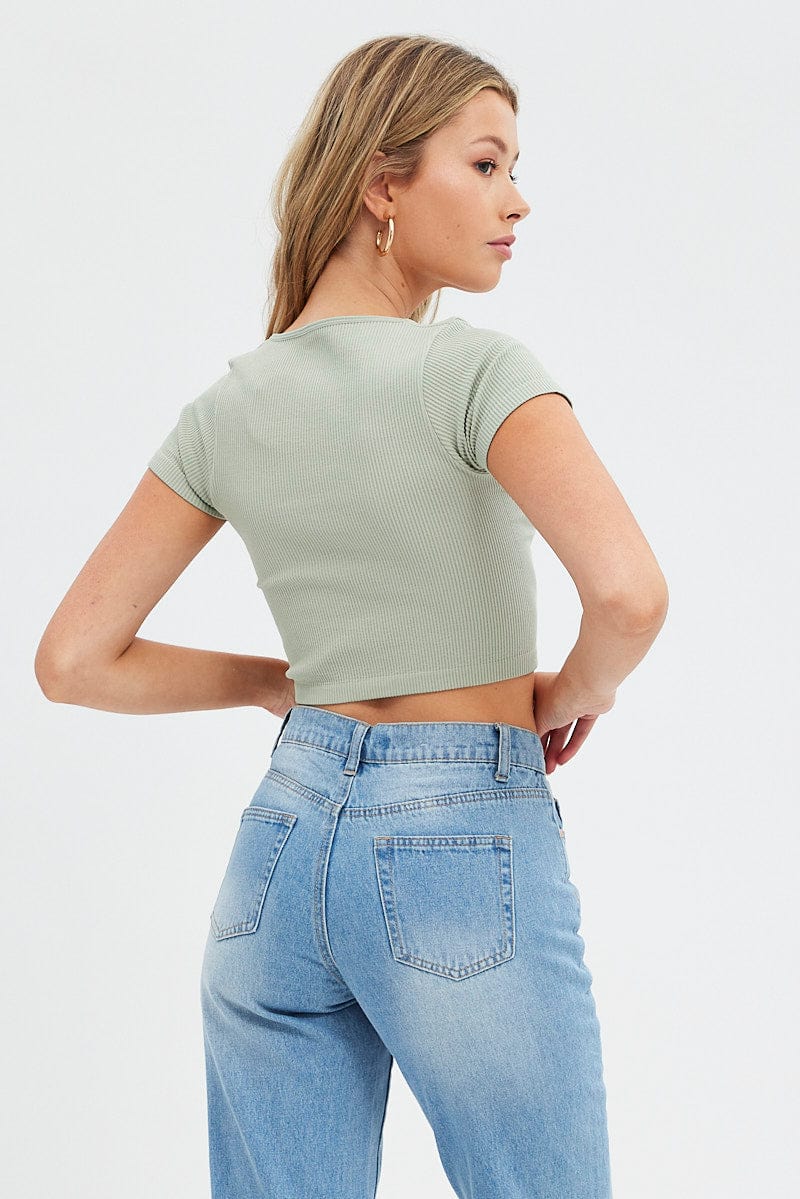 Green T Shirt Short Sleeve V Neck Seamless - Image 5
