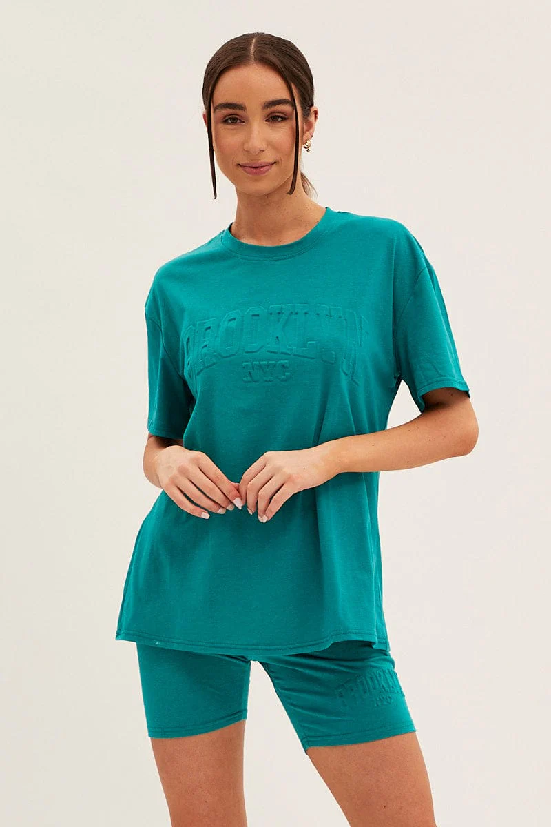 Green Textured Tee And Biker Shorts Set - Image 3