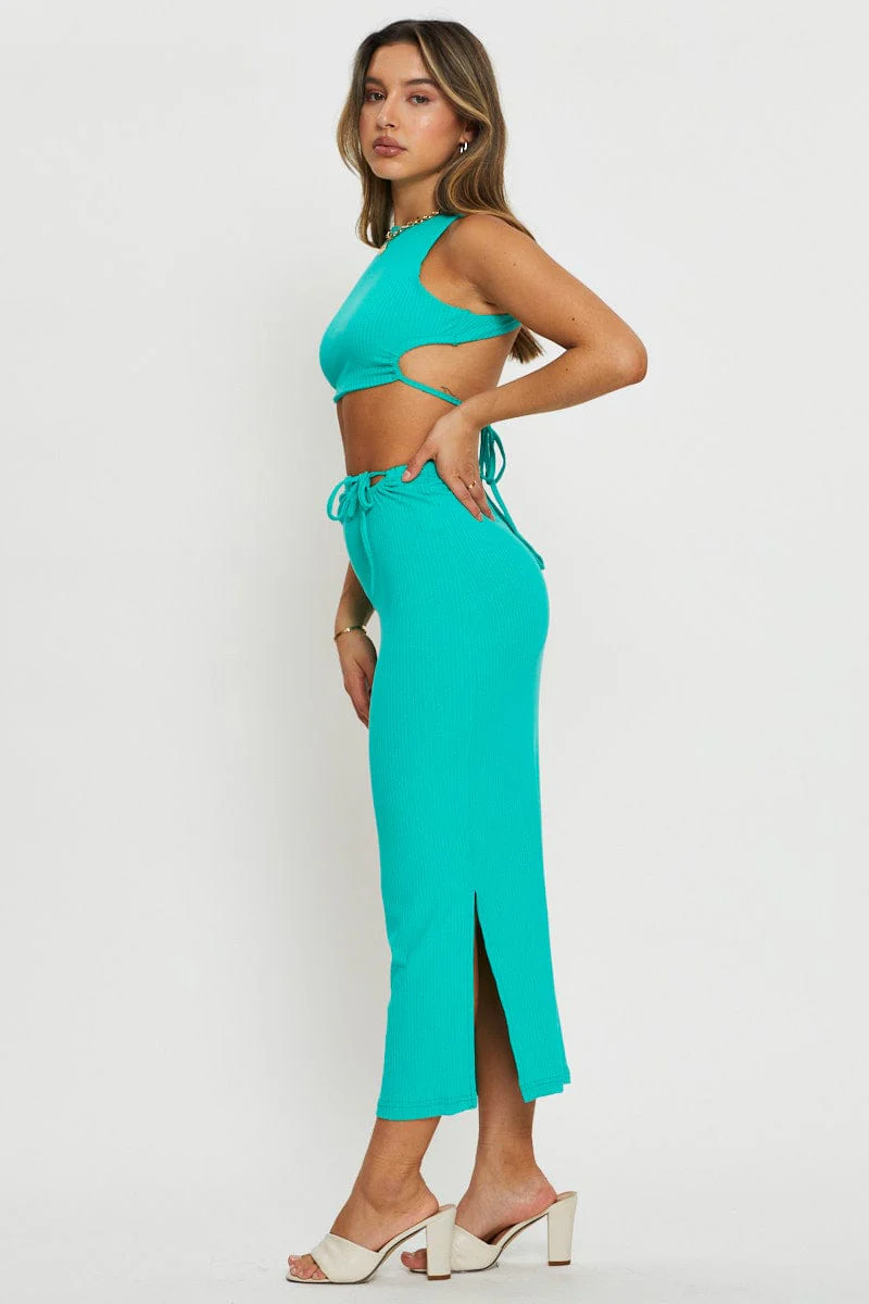 Green Tie Detail Ribbed Midi Skirt - Image 4