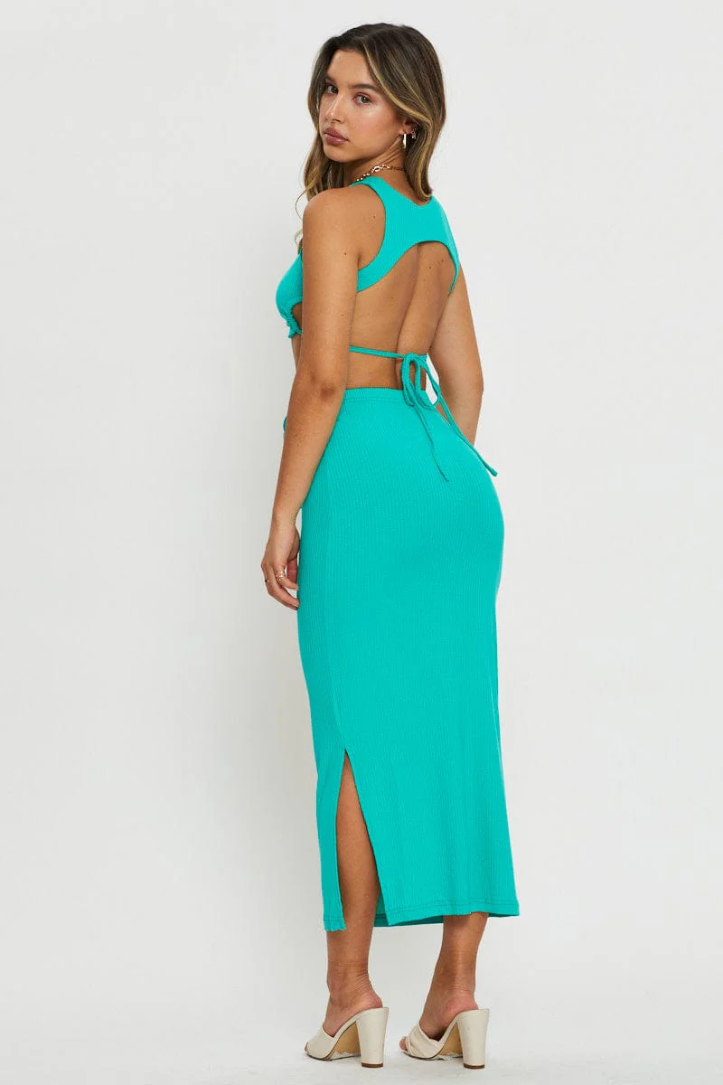 Green Tie Detail Ribbed Midi Skirt - Image 5