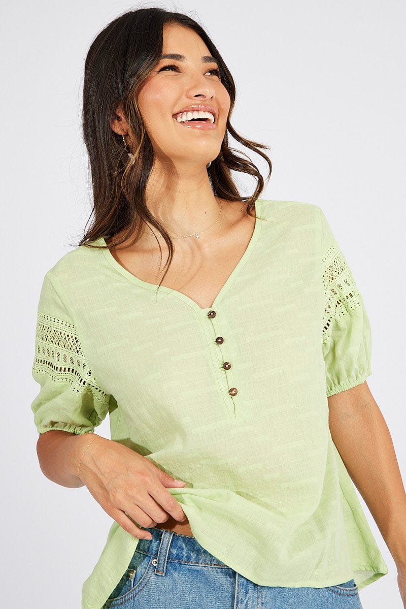 Green Top lace details sleeve texture cotton - Image 3