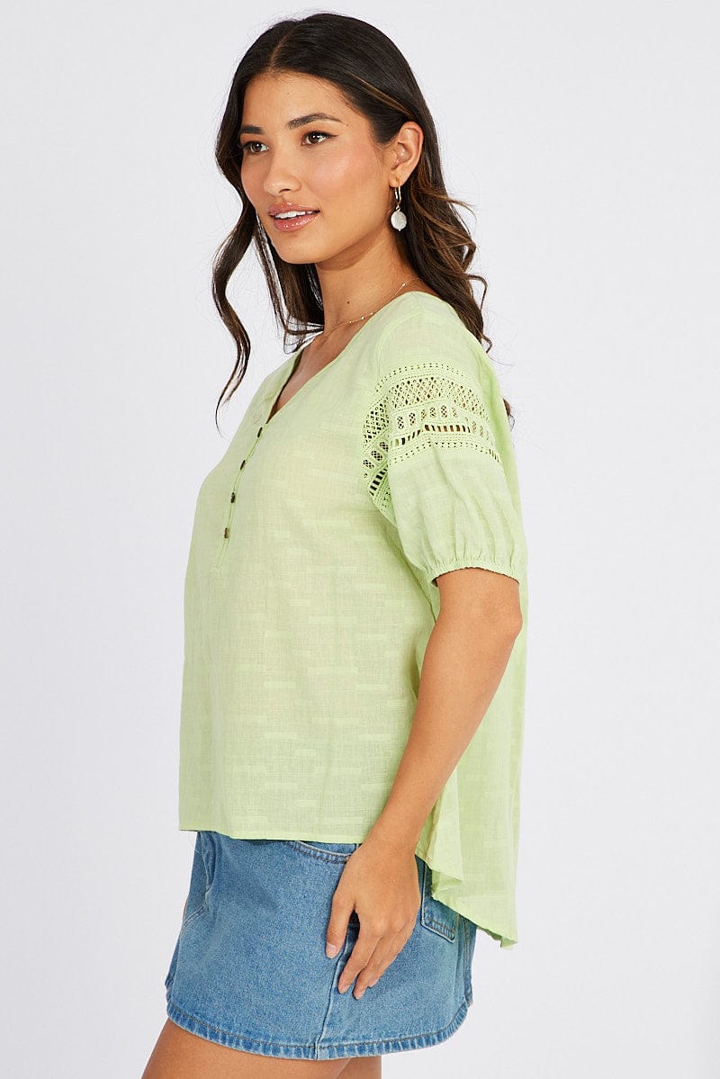 Green Top lace details sleeve texture cotton - Image 4