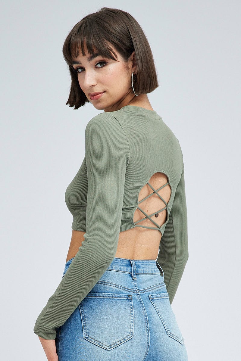 Green Top Long Sleeve Round Neck String Back Seamless - Image 2