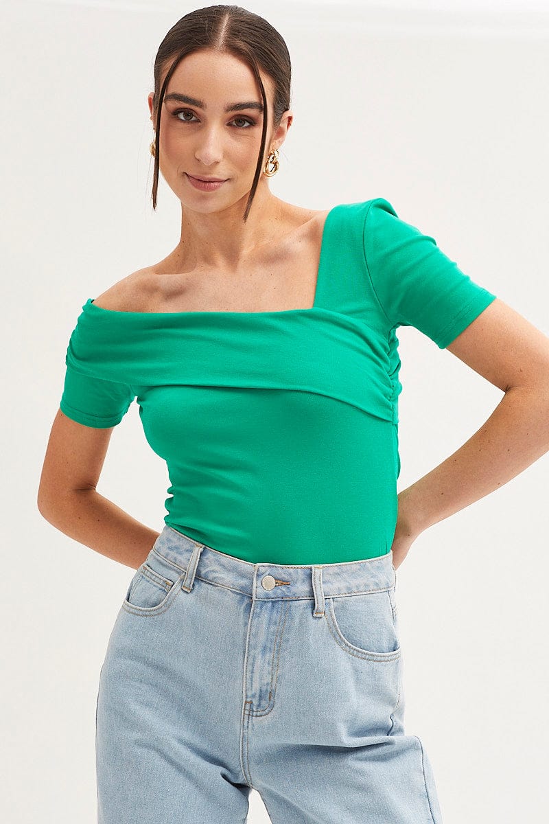 Green Top Short Sleeve Asymmetric Neckline Cotton Jersey - Image 3