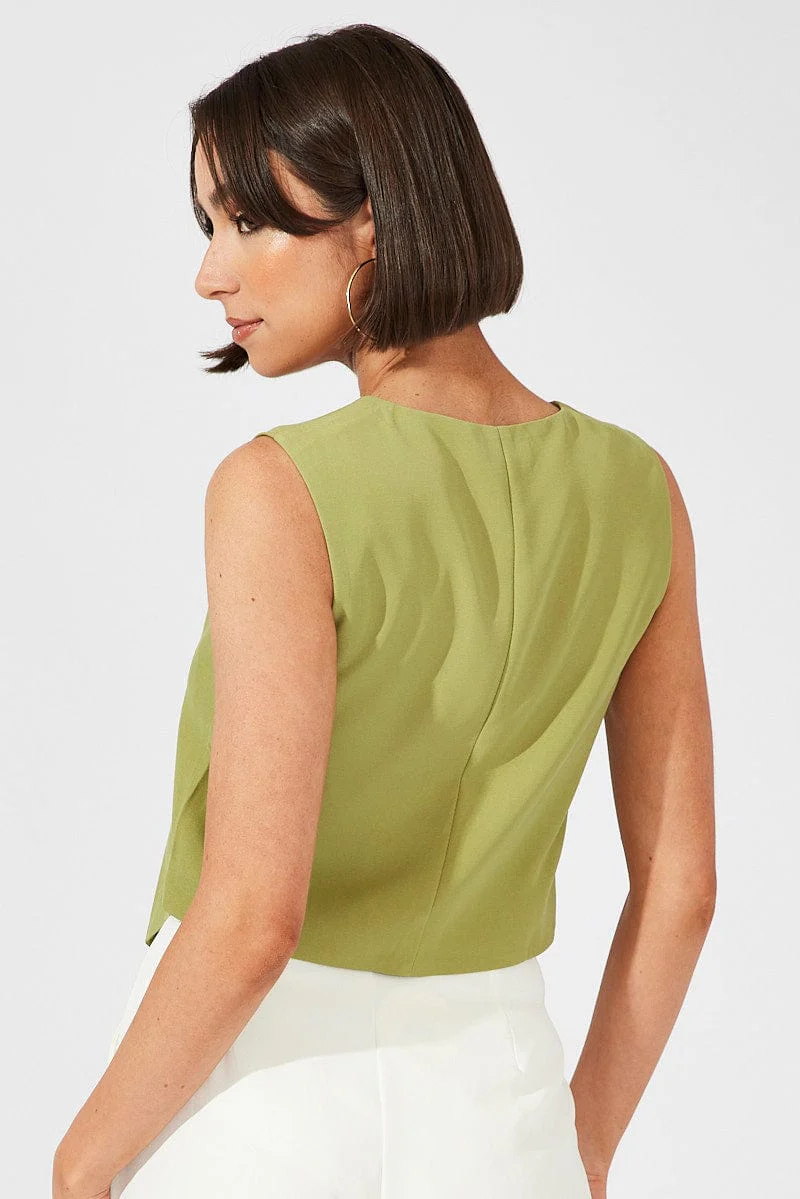 Green Top Waistcost Sleeveless V Neck Button Up Relaxed - Image 5