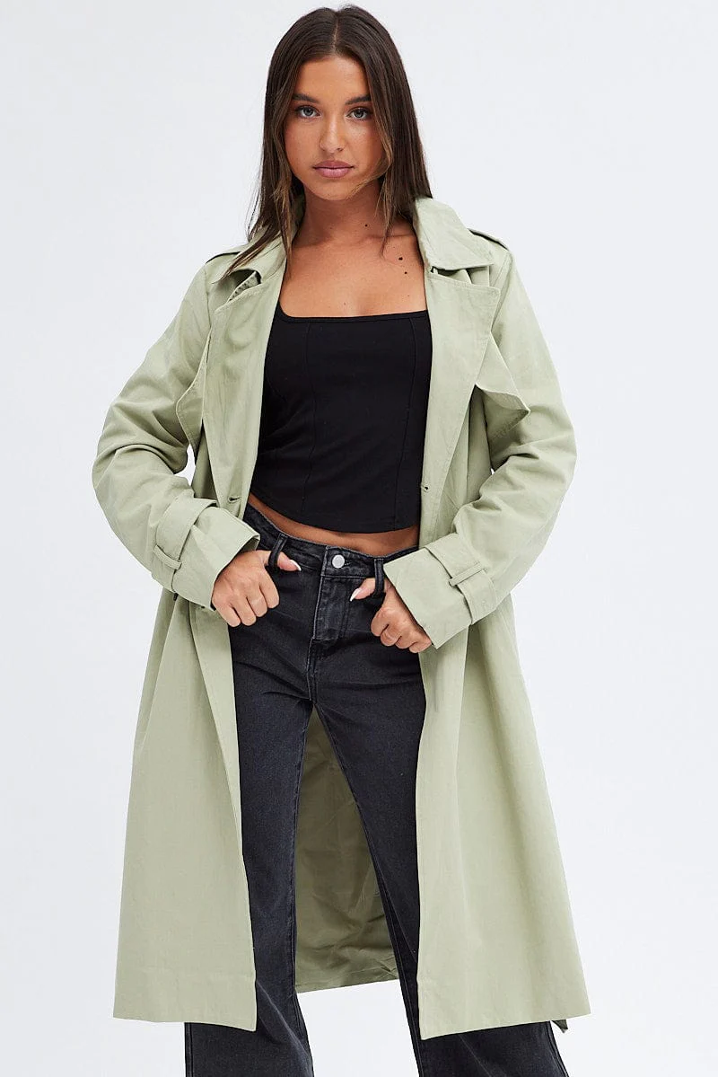 Green Trench Coat Long Sleeves Cotton - Image 3