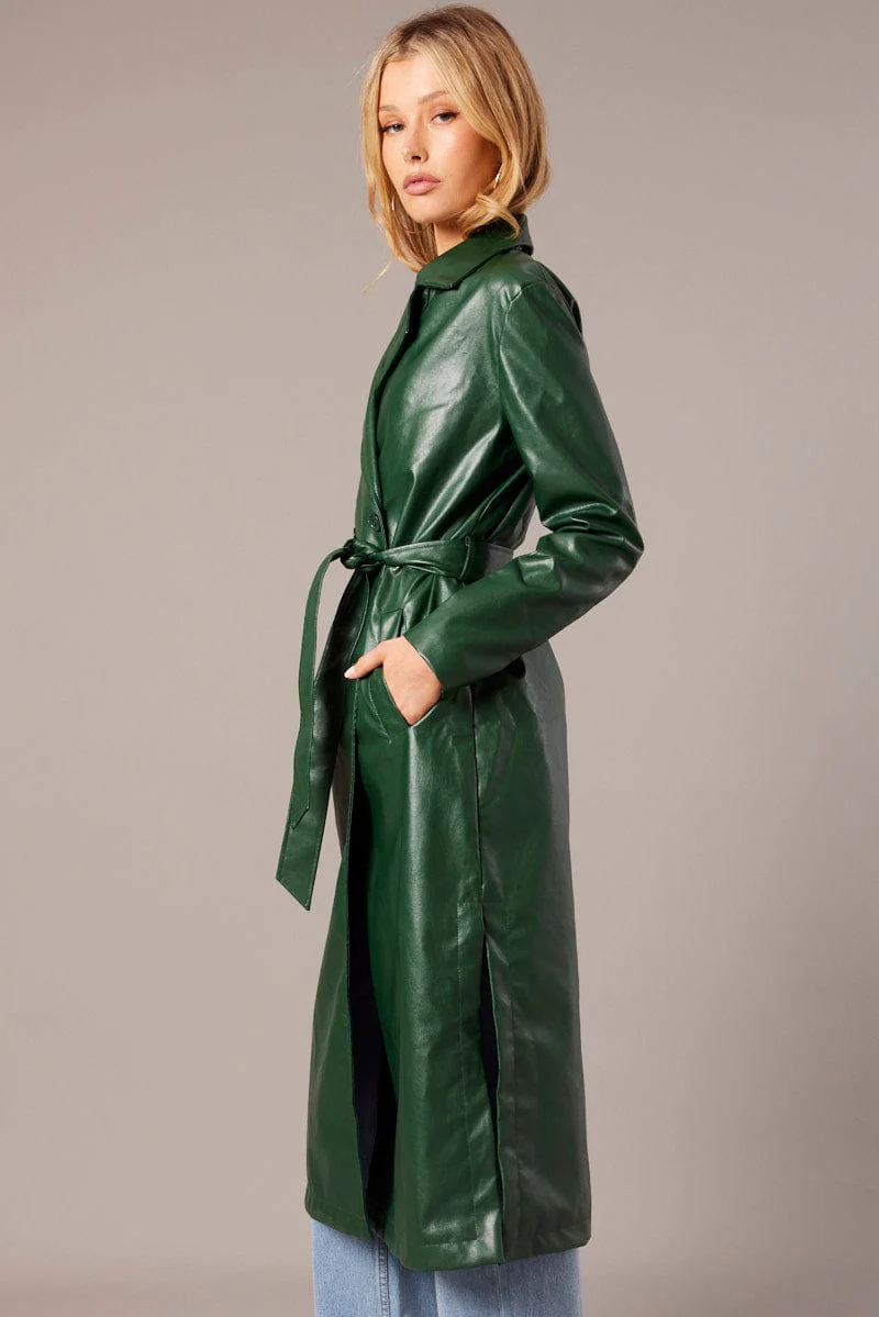 Green Trench Coat Long Sleeves Faux Leather - Image 4