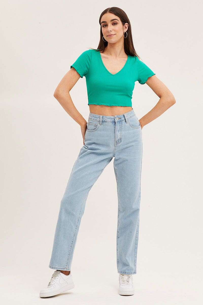 Green V Neck Lettuce Edge Baby Tee - Image 2