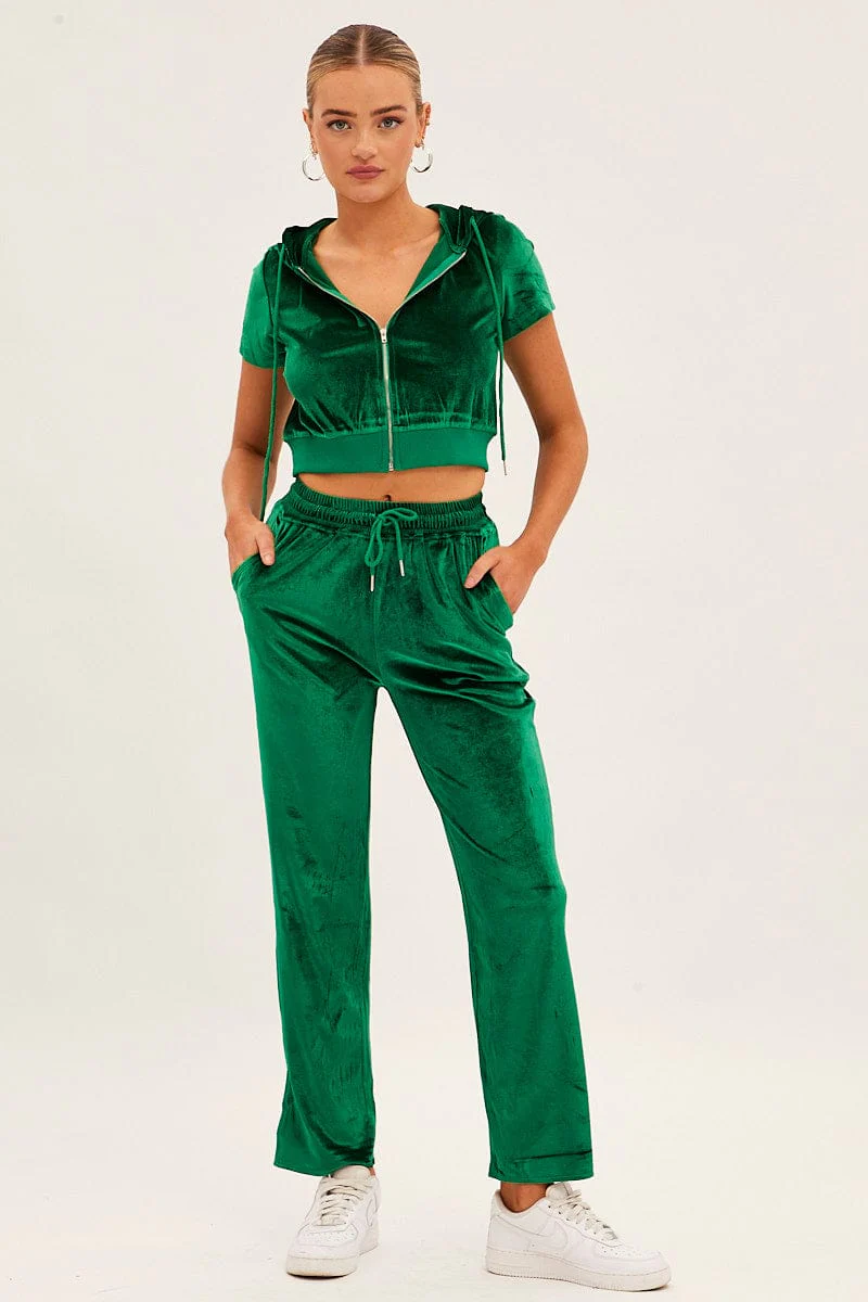 Green Velour Short Sleeve Zip Lounge Hoodie - Image 2