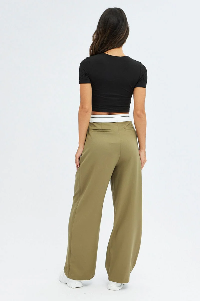 Green Wide Leg Pants Turn Down Waist Low Rise - Image 5