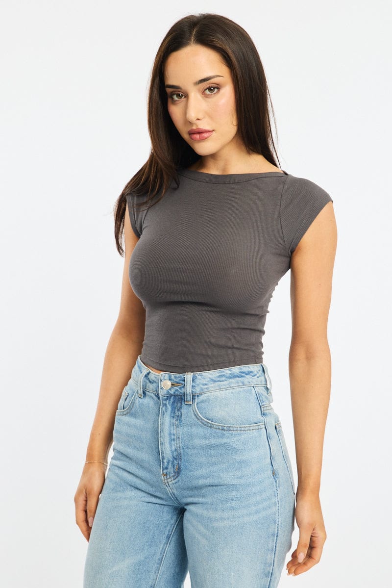 Grey Boat Neck Top Short Sleeve