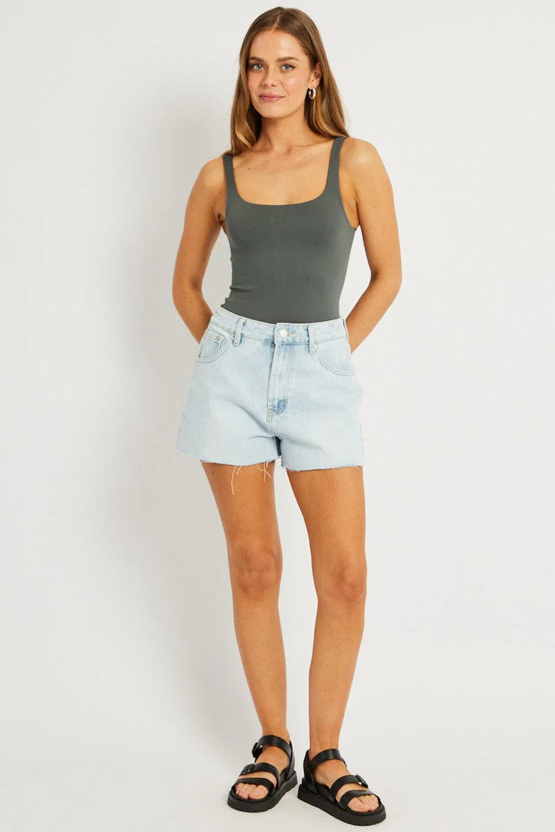 Grey Bodysuit Sleeveless Square Neck Seamless - Image 2