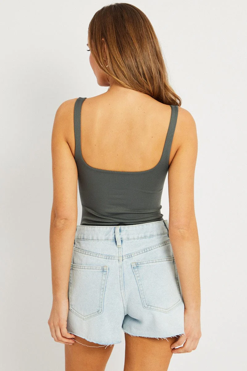 Grey Bodysuit Sleeveless Square Neck Seamless - Image 4