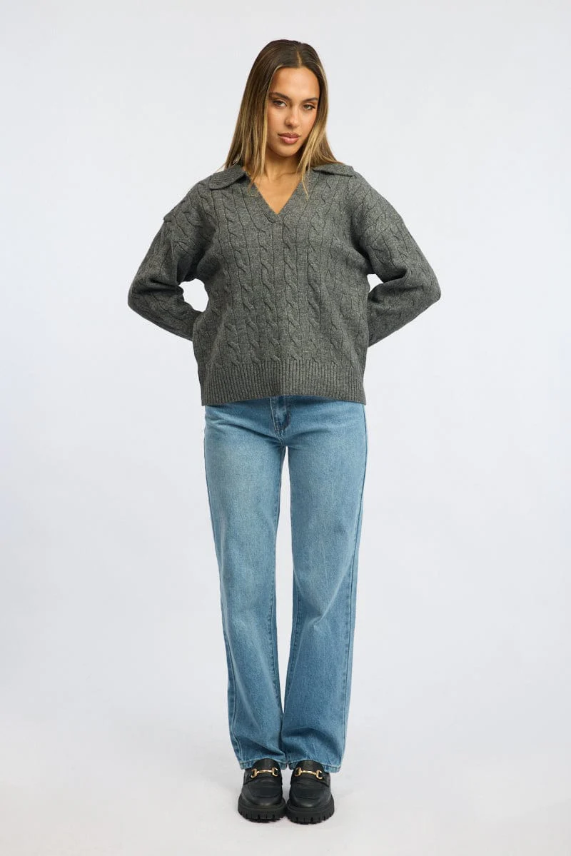 Grey Cable Knit Jumper V-neck - Image 2