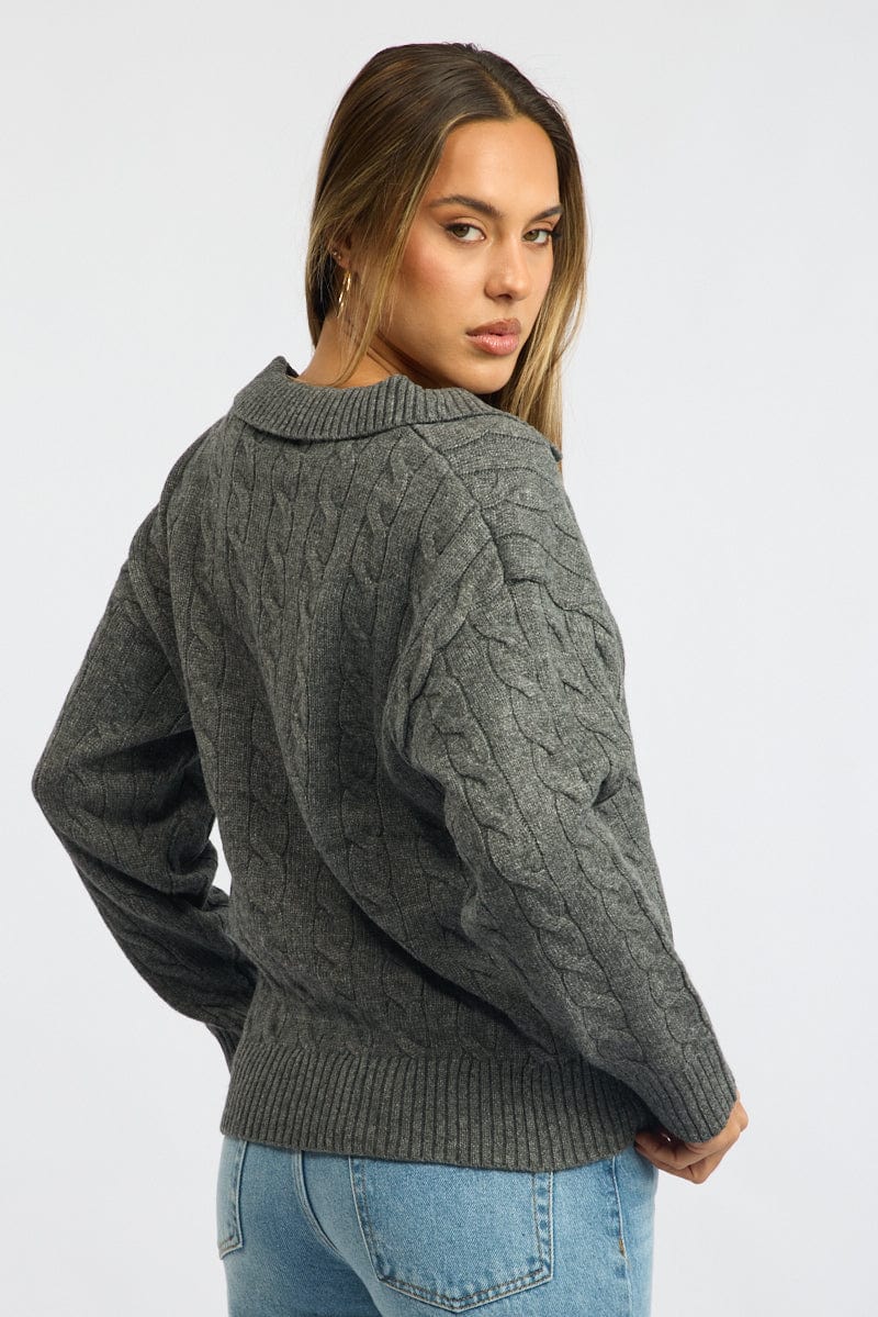 Grey Cable Knit Jumper V-neck - Image 4