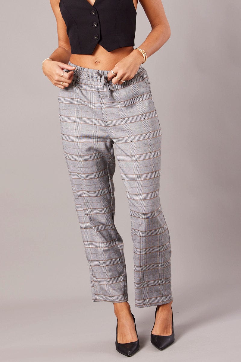 Grey Check Tapered Pants Elasticated Waist Cropped - Image 2