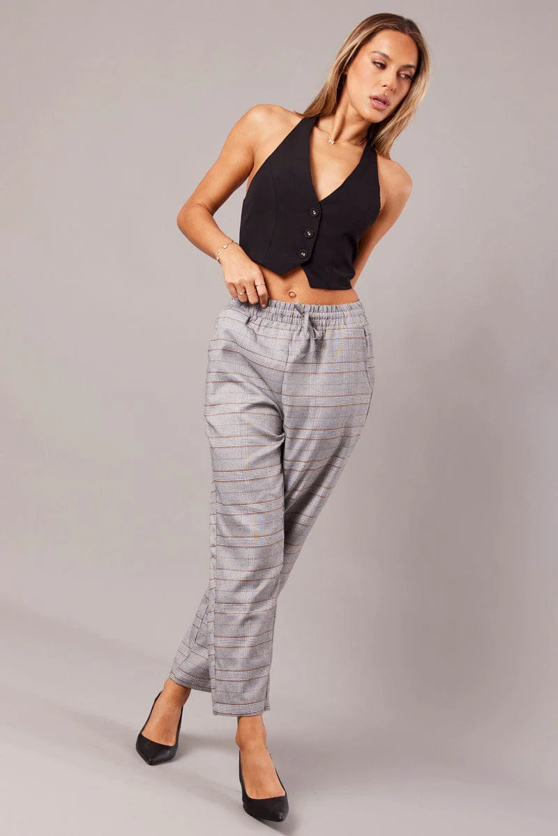 Grey Check Tapered Pants Elasticated Waist Cropped - Image 3