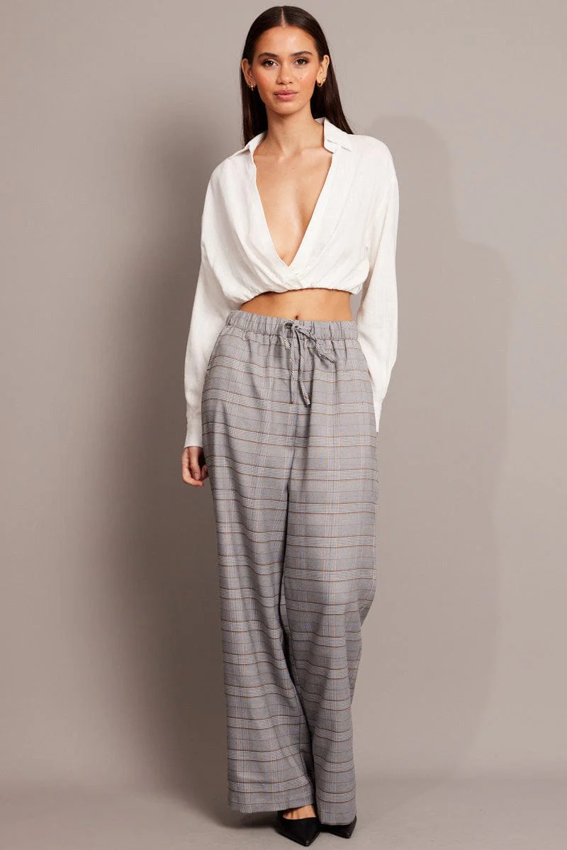 Grey Check Wide Leg Pants Elastic Waist - Image 2