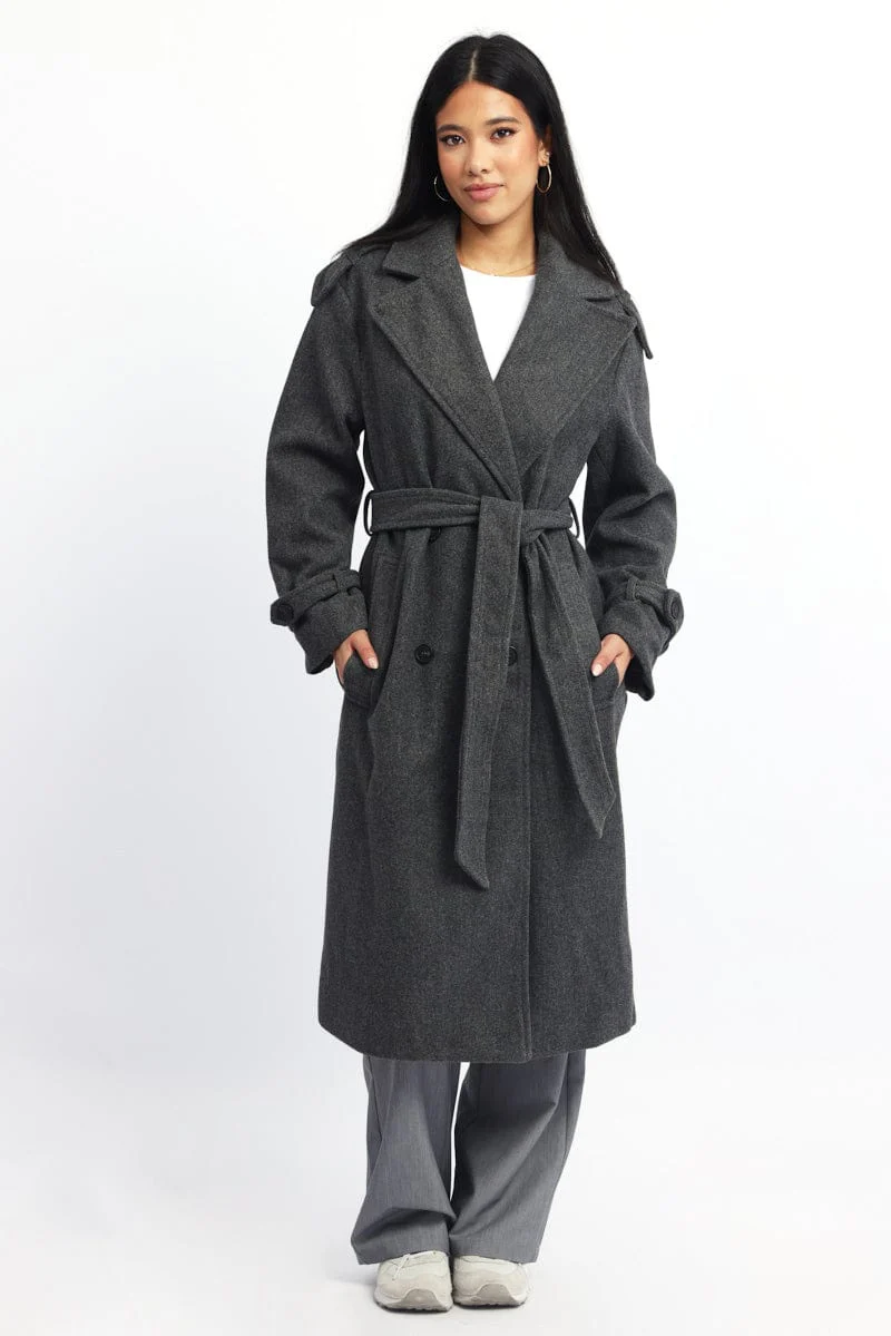 Grey Coat Long Sleeve Belted - Image 4