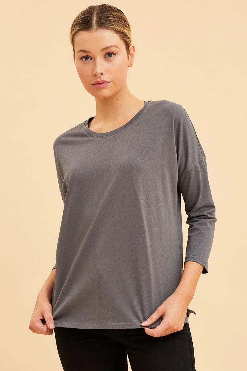 Grey Cotton Top 3/4 Sleeve Drop Shoulder Relaxed Fit - Image 3