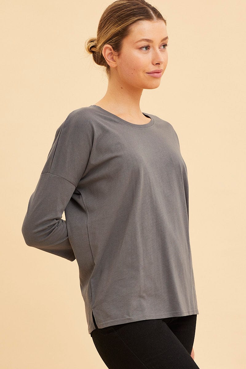 Grey Cotton Top 3/4 Sleeve Drop Shoulder Relaxed Fit - Image 4