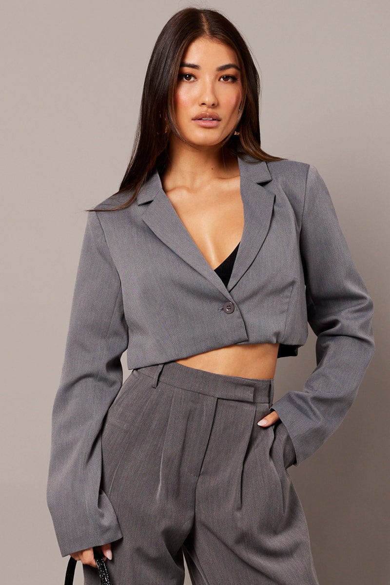 Grey Crop Blazer Jacket - Image 3