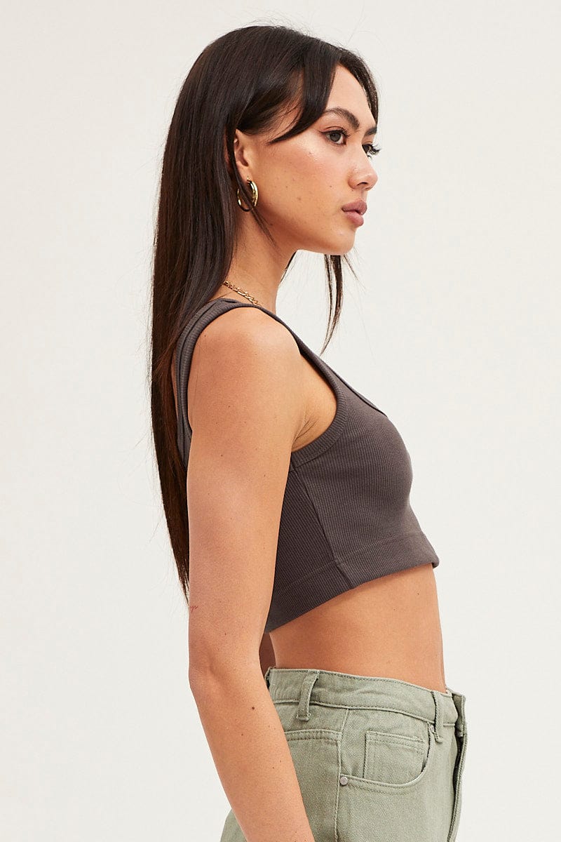 Grey Crop Top Cotton Blend Rib Tank Elasticated Hem - Image 4