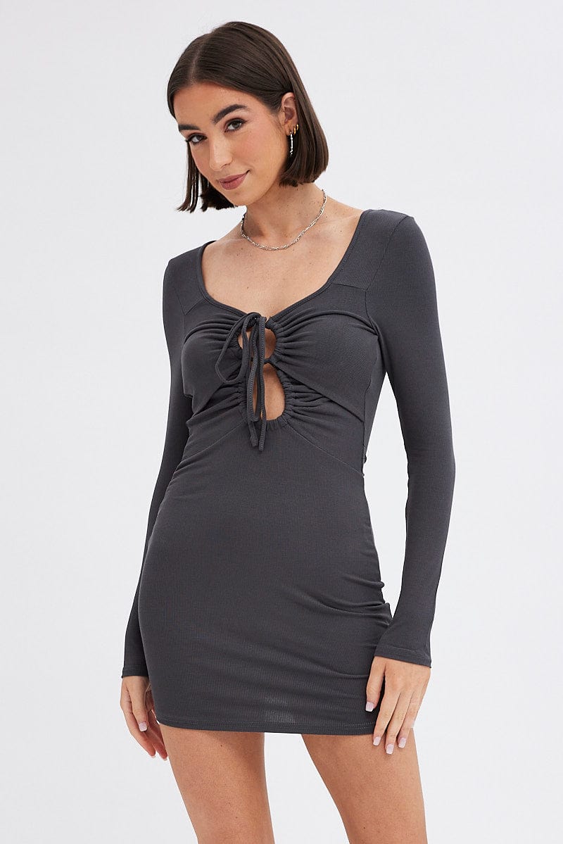 Grey Dress Long Sleeve Cut Out Details Bodycon Rib - Image 3