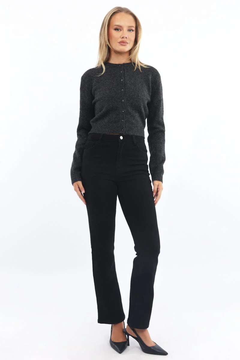 Grey Fitted Cardigan Buttons Up Crew Neck - Image 2
