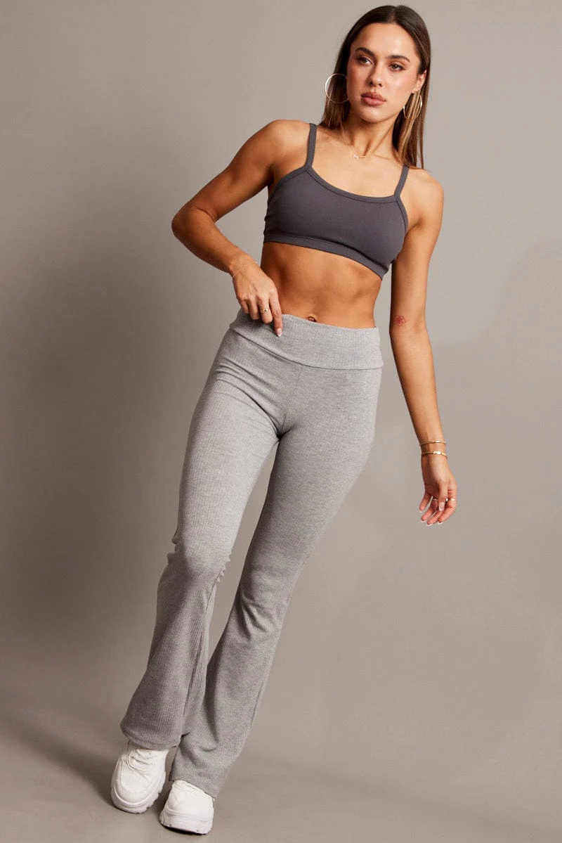 Grey Fold Back Flare Leg Pants - Image 3