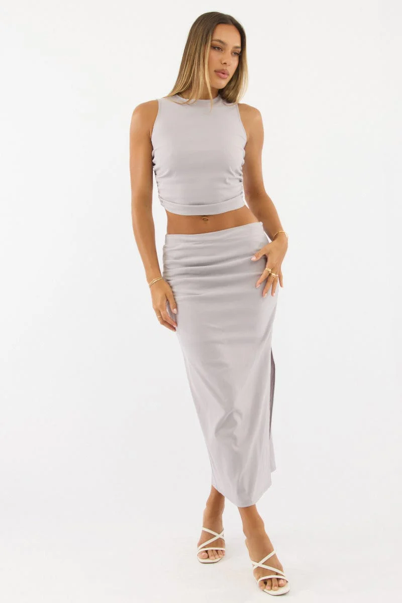 Grey Gathered Midi Skirt High Rise Bengaline Split - Image 2