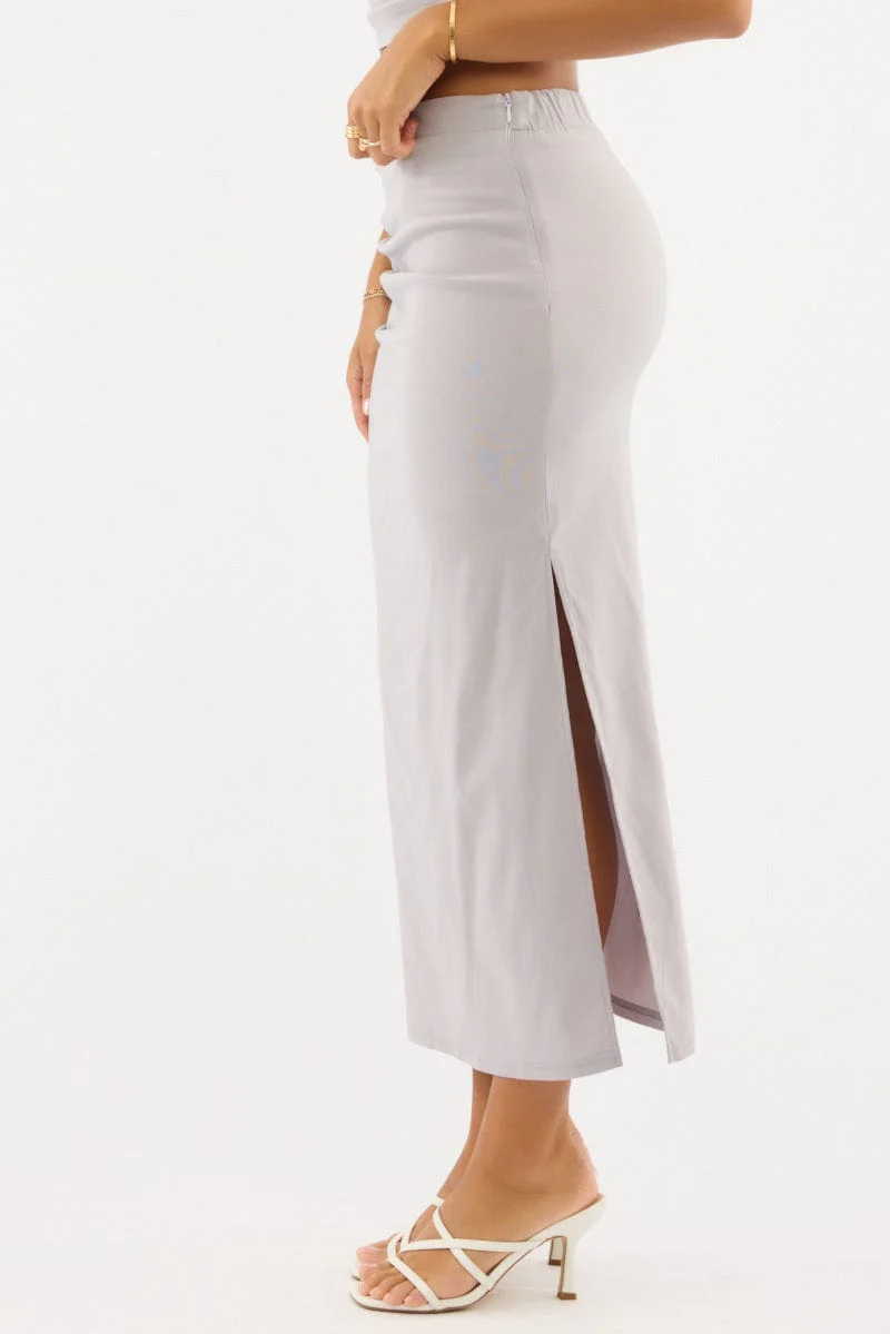 Grey Gathered Midi Skirt High Rise Bengaline Split - Image 4