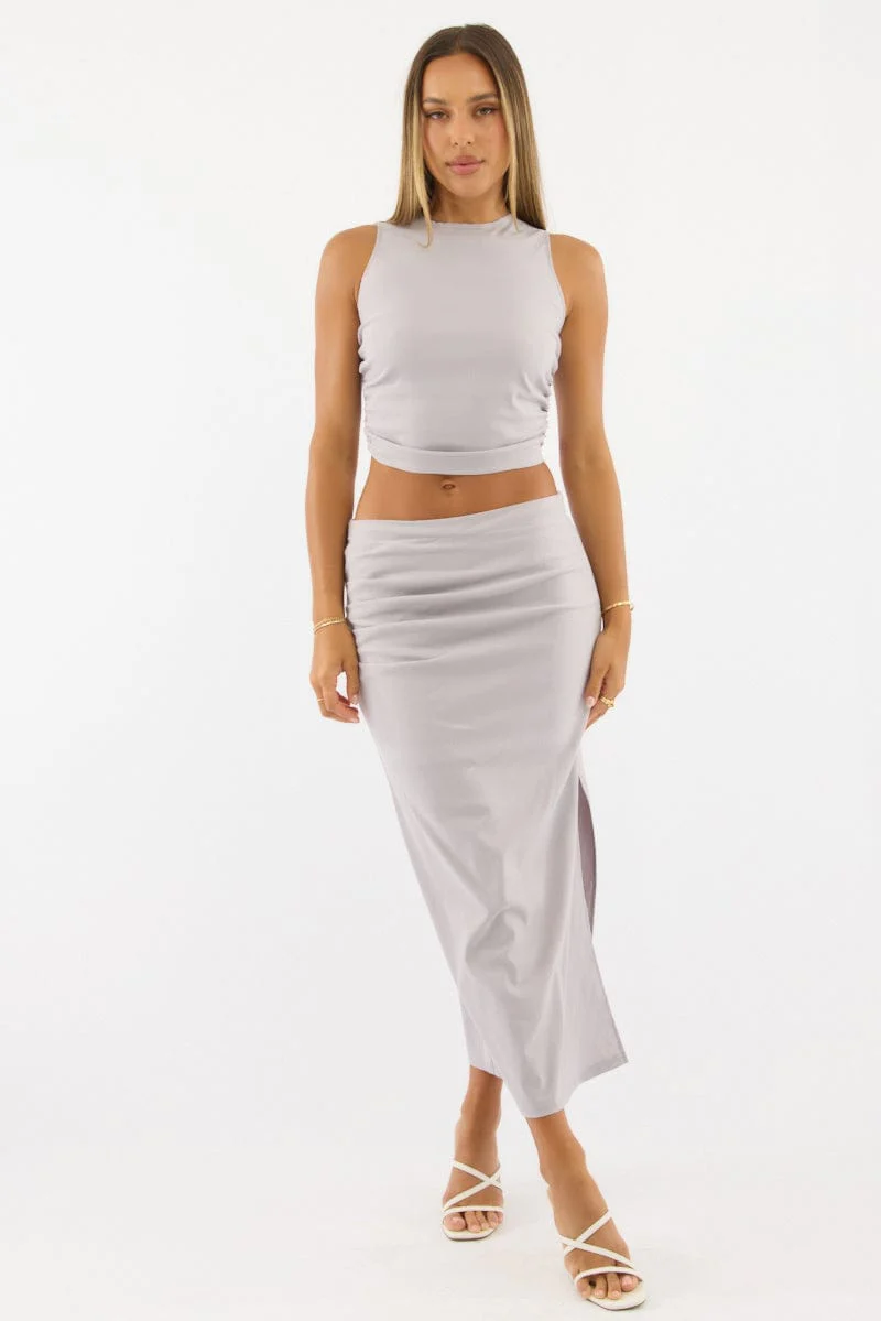 Grey Gathered Sleeveless Top Round Neck Bengaline - Image 3