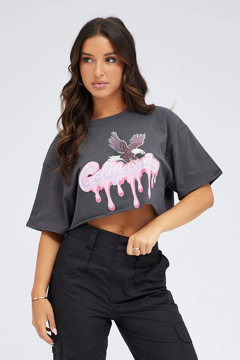 Grey Graphic Tee Crop Eagle California Slogan T-shirt - Image 3