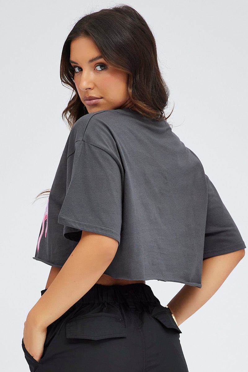 Grey Graphic Tee Crop Eagle California Slogan T-shirt - Image 5