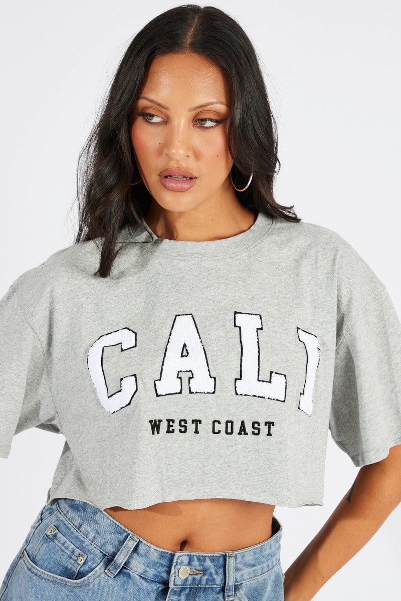 Grey Graphic Tee Crop T-shirt Borg Fluffy Slogan - Image 2