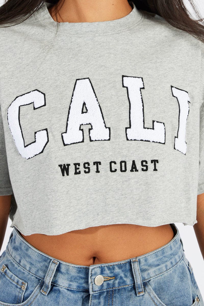 Grey Graphic Tee Crop T-shirt Borg Fluffy Slogan - Image 6